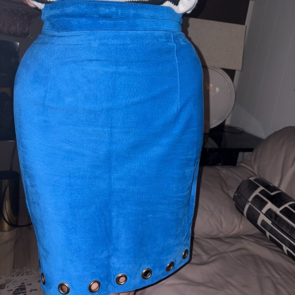 Vintage Danier Bright Blue Genuine Suede Pencil Skirt with Grommet Hem